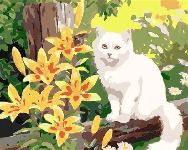 Hvid Kat og Blomst – Præmie Mal Efter Tal Kit - Denmark