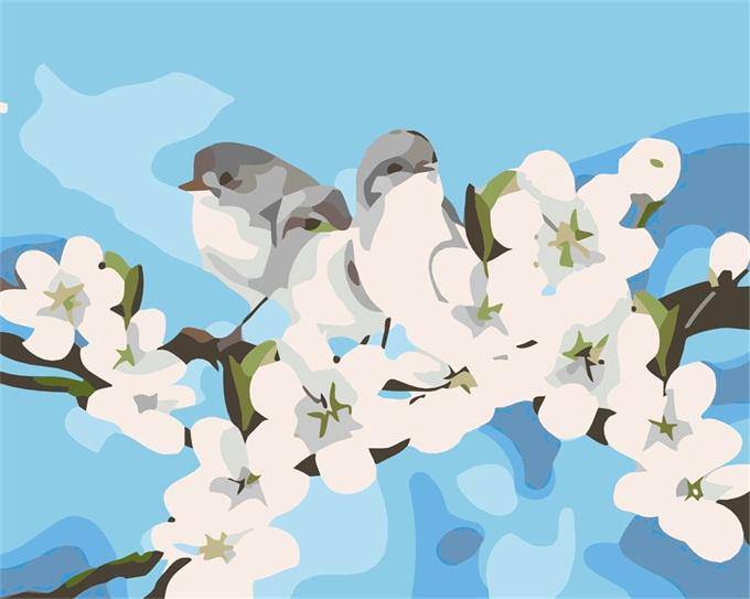 Hvide Blomster og Fugle – Præmie Mal Efter Tal Kit - Denmark