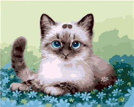 Blå Blomster med Kat – Præmie Mal Efter Tal Kit - Denmark