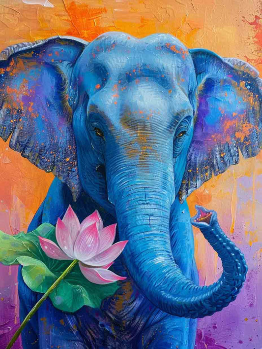 Blå Elefant med Lotus – Præmie Mal Efter Tal Kit - Denmark