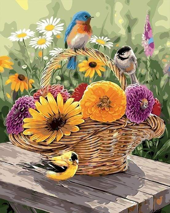 Blomster i en Kurv og Fugle – Præmie Mal Efter Tal Kit - Denmark