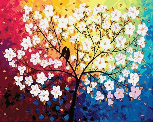 Blooming Tree And Birds In Spring – Præmie Mal Efter Tal Kit - Denmark