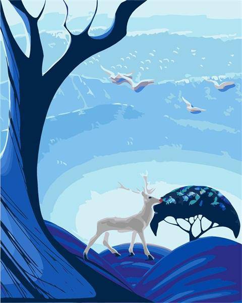 Blue Tree And Deer – Præmie Mal Efter Tal Kit - Denmark