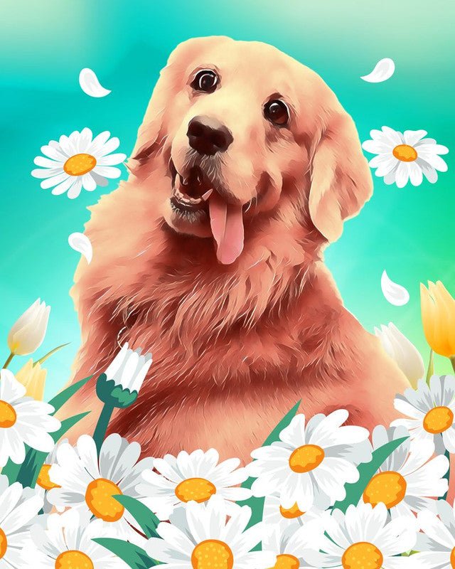 Golden Retriever og Margueritter – Præmie Mal Efter Tal Kit - Denmark