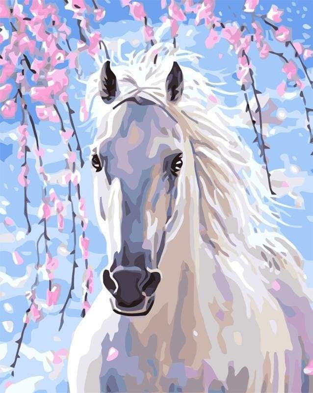 Hvid Hest og Blomster – Præmie Mal Efter Tal Kit - Denmark