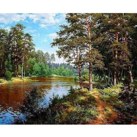 Malerisk Flod og Skov – Præmie Mal Efter Tal Kit - Denmark