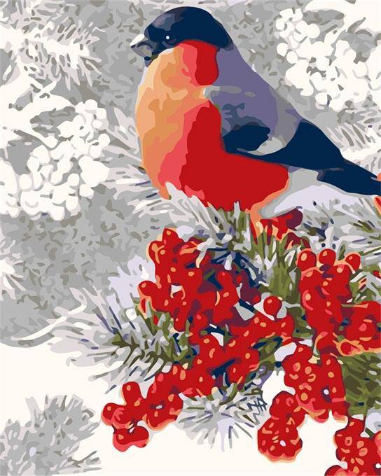 Rød Fugl med Røde Blomster – Præmie Mal Efter Tal Kit - Denmark