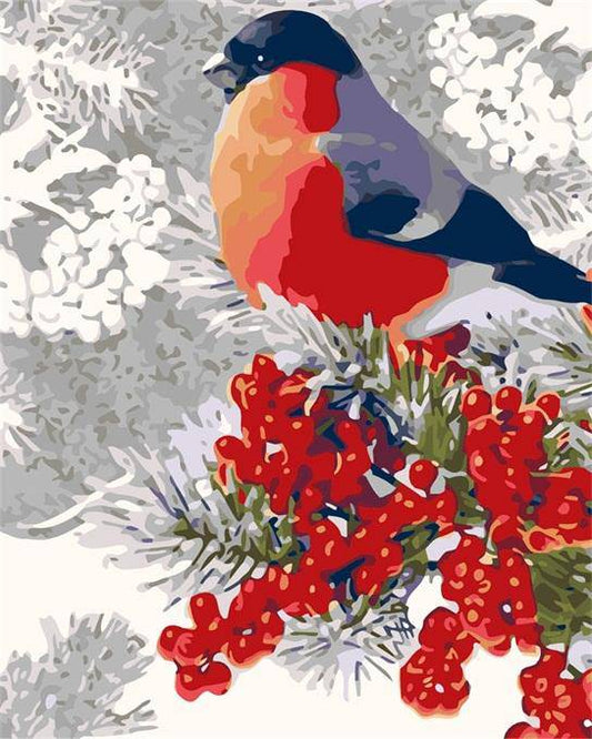 Rød Fugl med Røde Blomster – Præmie Mal Efter Tal Kit - Denmark