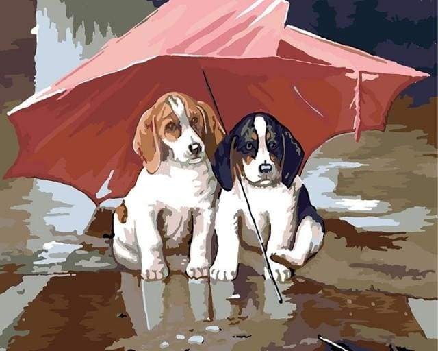 To Pups under en Rød Paraply – Præmie Mal Efter Tal Kit - Denmark